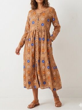 GENERATION Y Tan Floral Button-Front Dress with Blue & Orange Accents